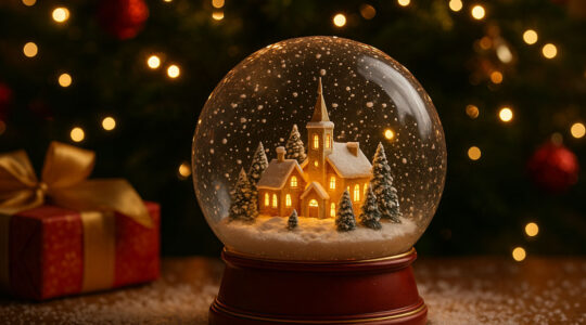 Photo festive d’une boule à neige contenant un petit village enneigé avec église illuminée et sapins, posée devant un sapin décoré et des cadeaux de Noël.