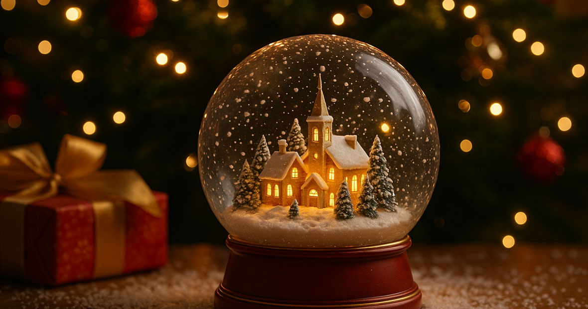 Photo festive d’une boule à neige contenant un petit village enneigé avec église illuminée et sapins, posée devant un sapin décoré et des cadeaux de Noël.