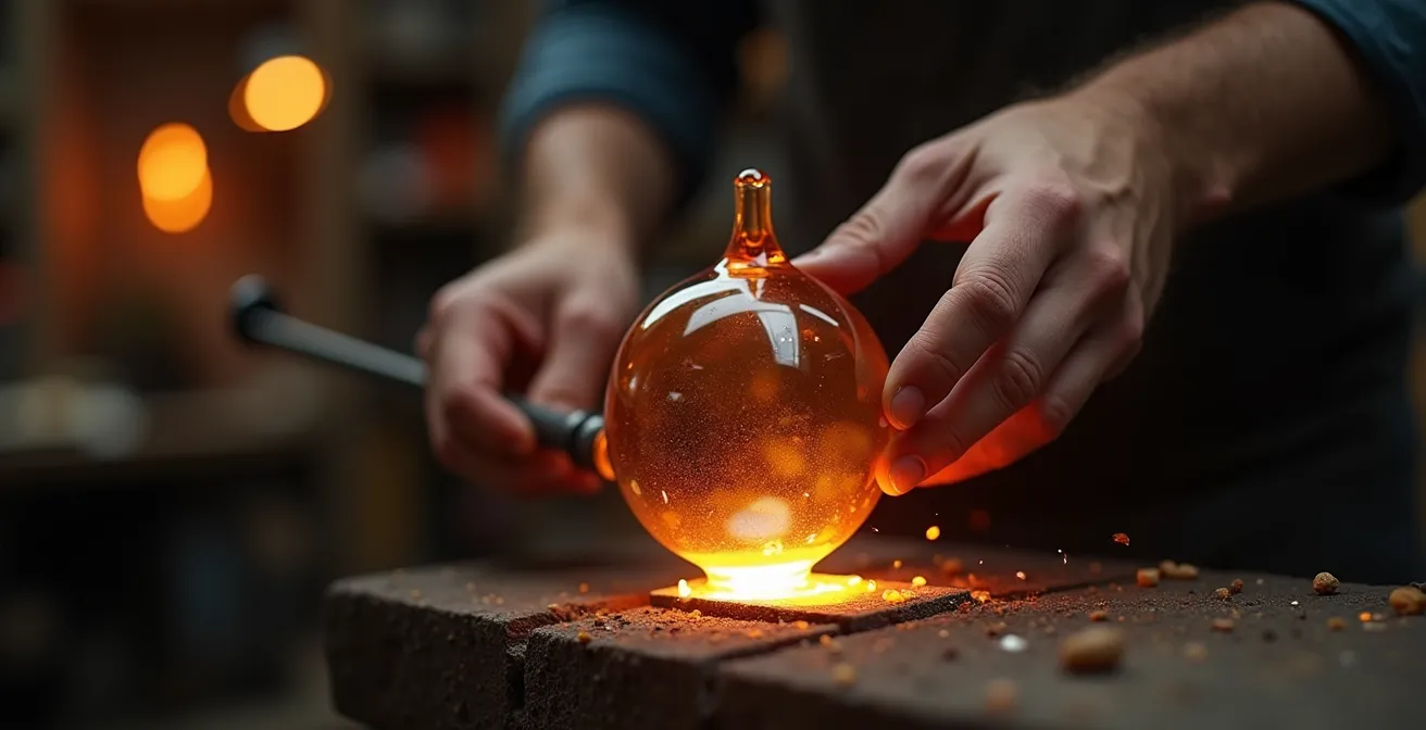 Détail d'un artisan au travail en soufflage de verre dans un atelier lumineux avec texture réaliste