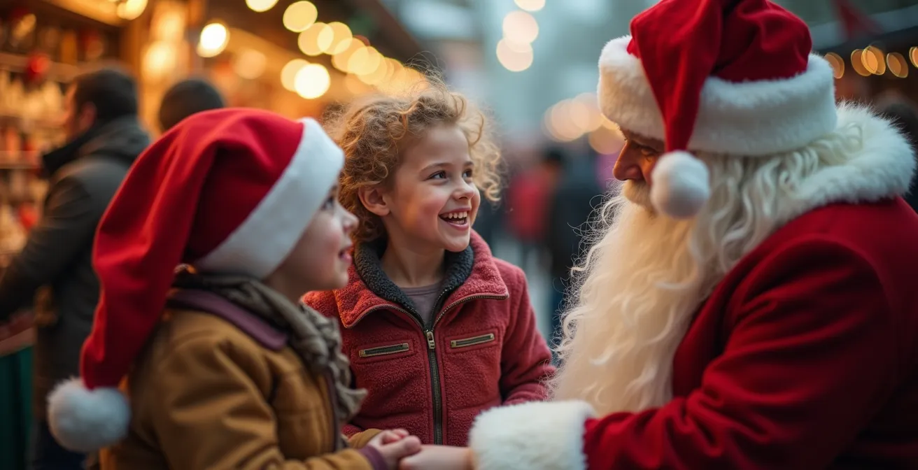 Enfants interagissant joyeusement avec un personnage costumé en Père Noël dans un marché de Noël lumineux