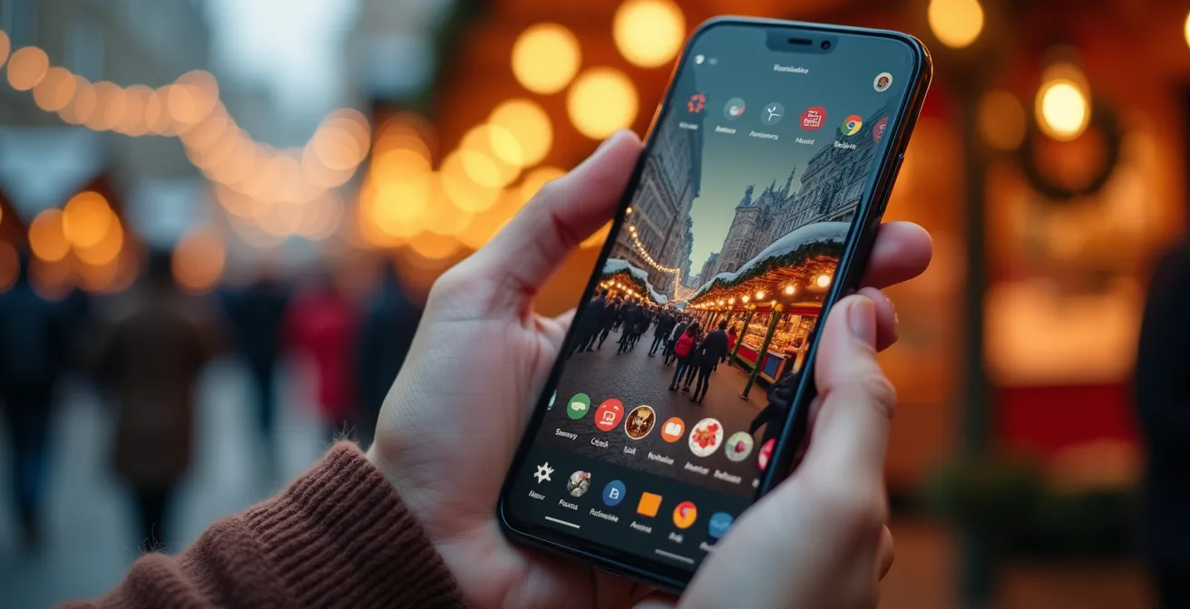 Vue minimaliste d'un smartphone affichant une application de marché de Noël avec carte interactive et options sans texte lisible