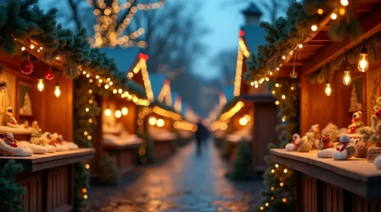 Scène photographique réaliste d'un marché de Noël festif avec éclairage cinématographique, ambiance chaleureuse avec guirlandes lumineuses et chalets ornés de décorations naturelles, composition symétrique avec espace négatif, textures fines et bokeh naturel