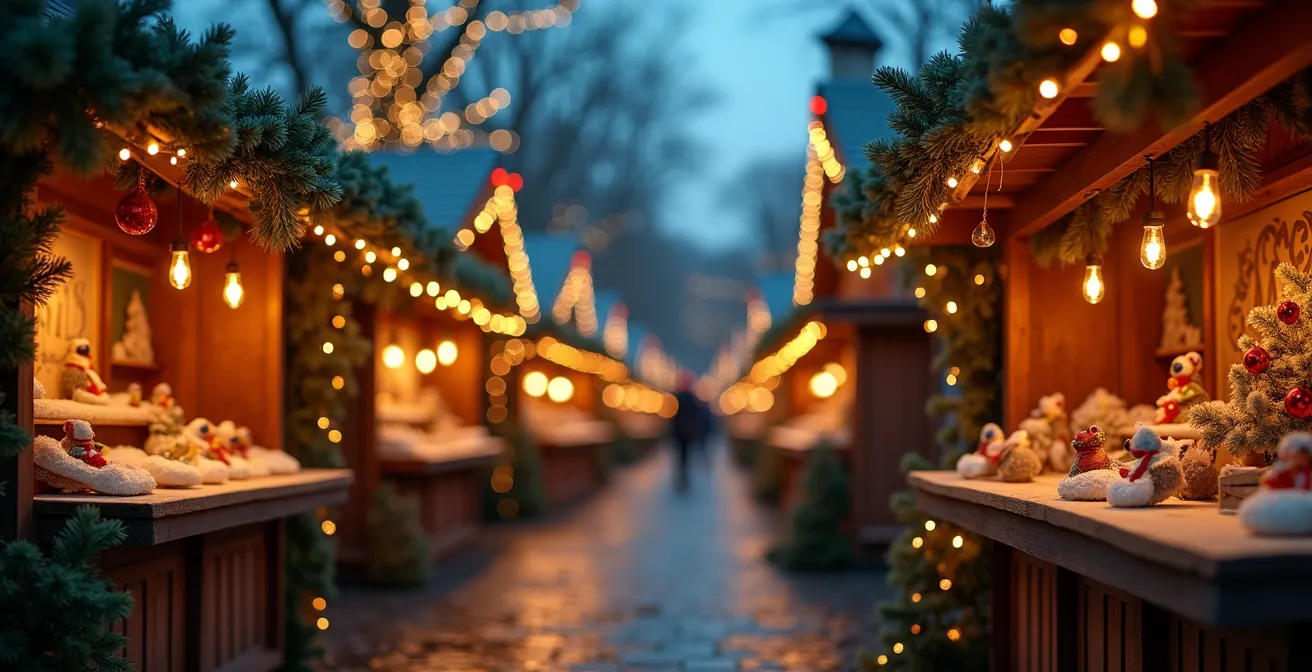 Scène photographique réaliste d'un marché de Noël festif avec éclairage cinématographique, ambiance chaleureuse avec guirlandes lumineuses et chalets ornés de décorations naturelles, composition symétrique avec espace négatif, textures fines et bokeh naturel