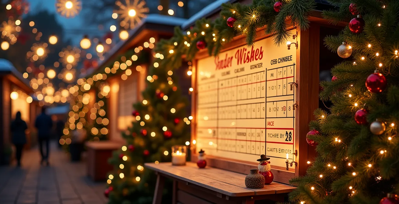 Mur de vœux lumineux décoré avec des sapins et lumières dans un marché de Noël, ambiance féerique et chaleureuse